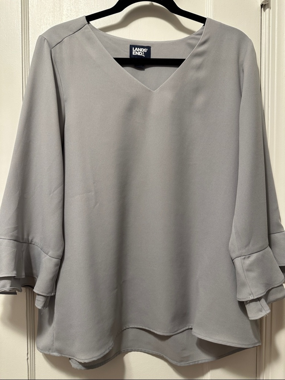 Lands' End Women's Light Gray V-Neck Ruffle Sleeve Blouse
